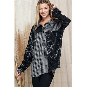 New Upscale Houndstooth and Black Sequin Fun Button up Shirt Runs big size L